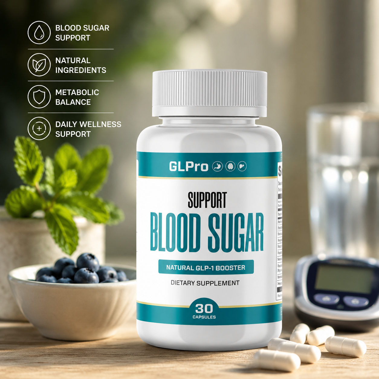 GL Pro supplement bottle with blueberries, fresh mint and a glucose meter
