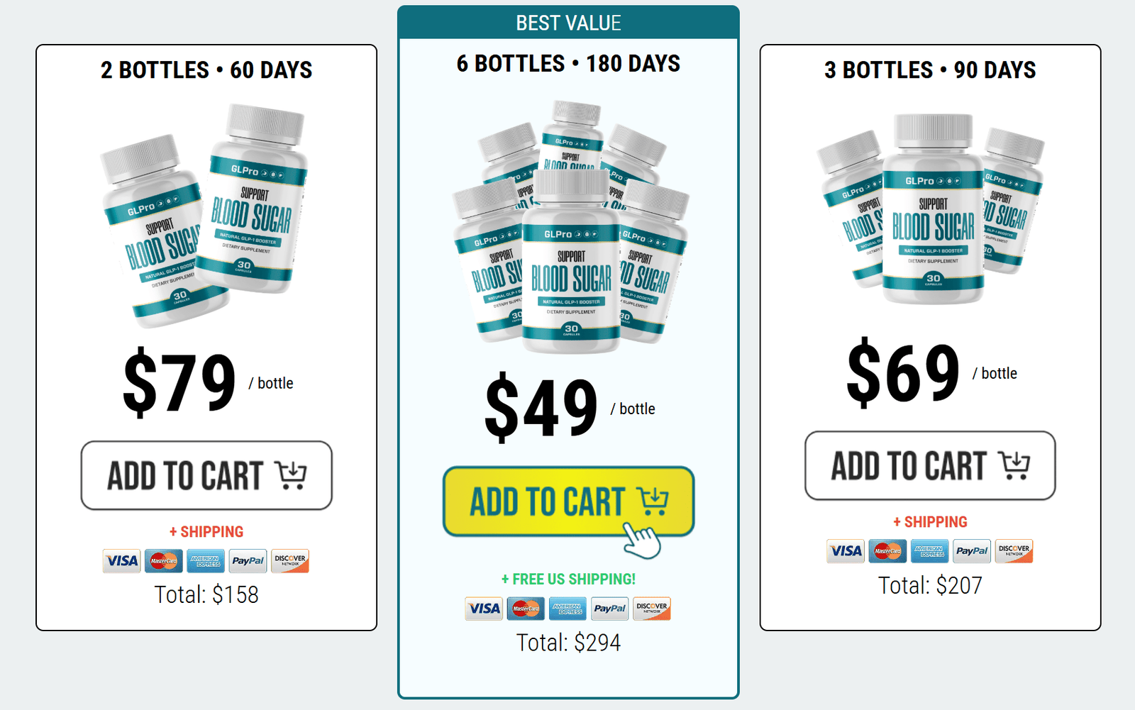 GL Pro pricing: 2 bottles at $79 each, 6 bottles at $49 each, and 3 bottles at $69 each