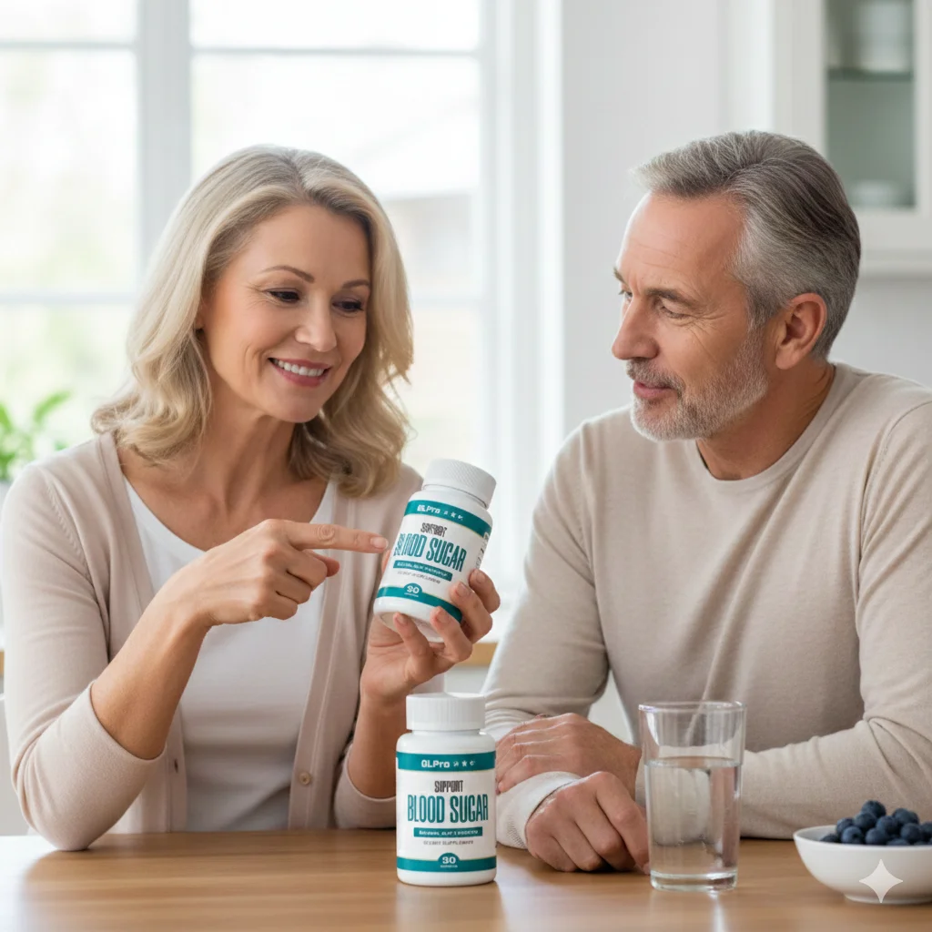 A healthy couple reviewing a bottle of GL Pro in their kitchen